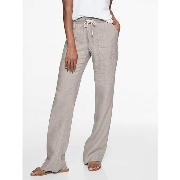 Athleta Pants - Athleta Striped Bali 100% Linen Pants Drawstring Gray Women's Size 10 H14861